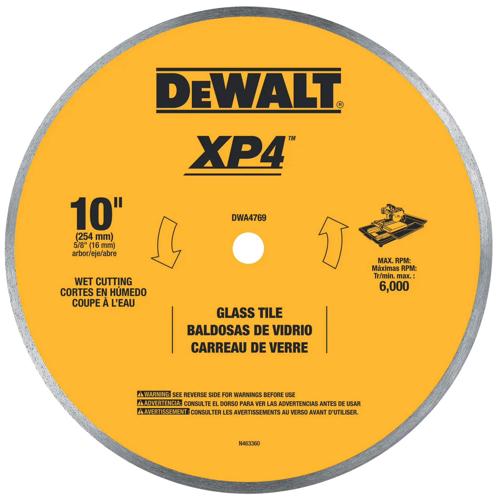 A DEWALT XP4 10-inch glass tile cutting blade, model DWA4769, designed for wet cutting. The blade is yellow with black text, includes safety warnings, and is suitable for tile saws up to a maximum speed of 6,000 RPM.