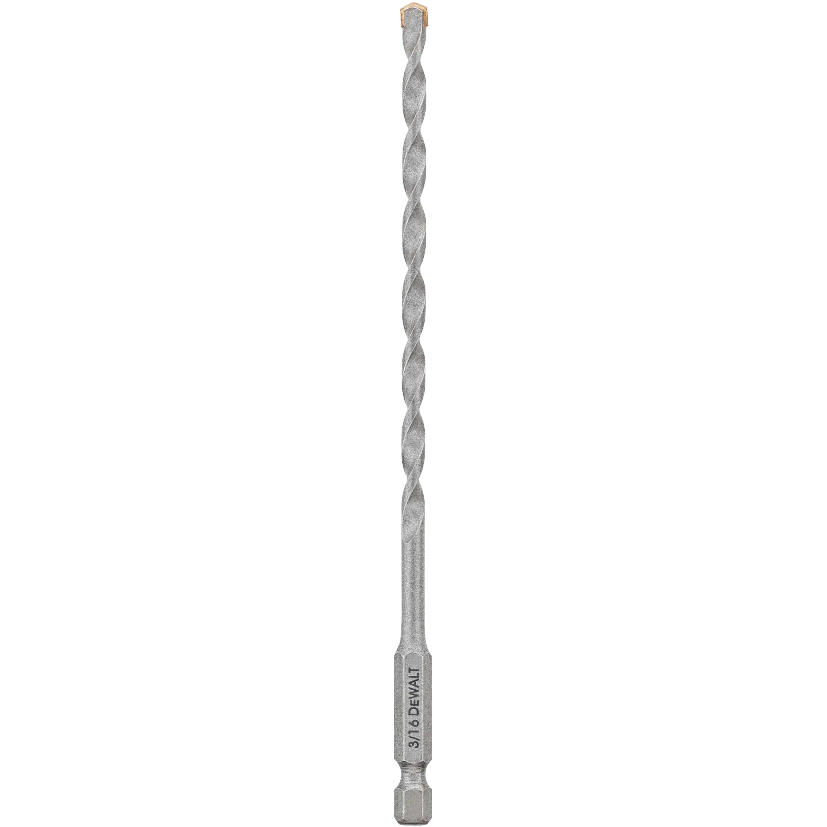 A DEWALT branded metal masonry drill bit with a hex shank and spiral fluted design, labeled 3/16.