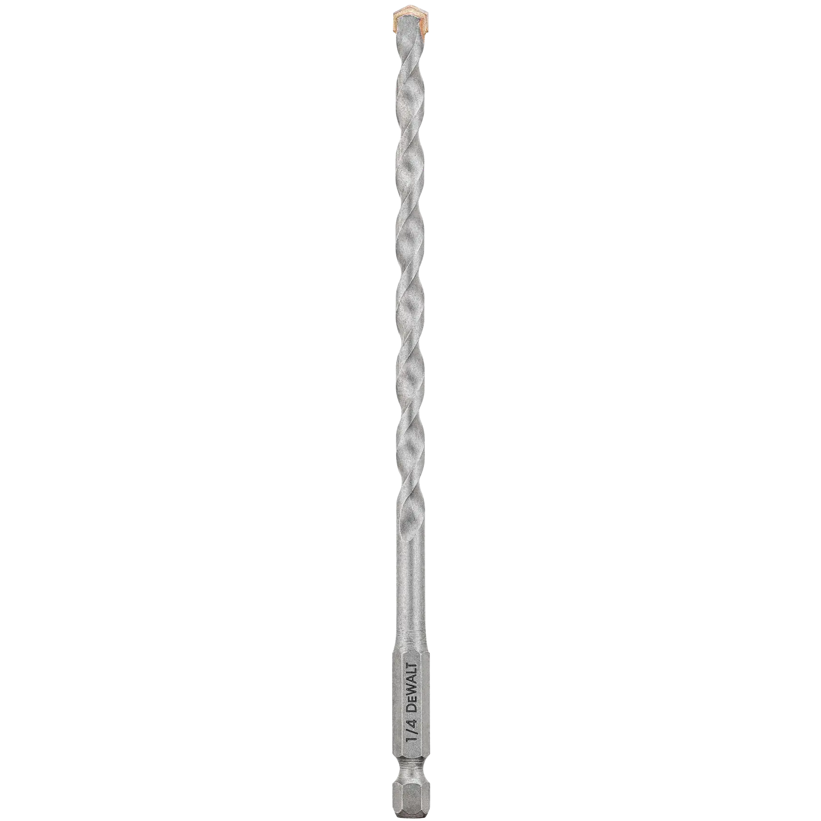 A single DEWALT branded masonry drill bit with a hex shank and a spiral fluted design, shown standing vertically on a white background.