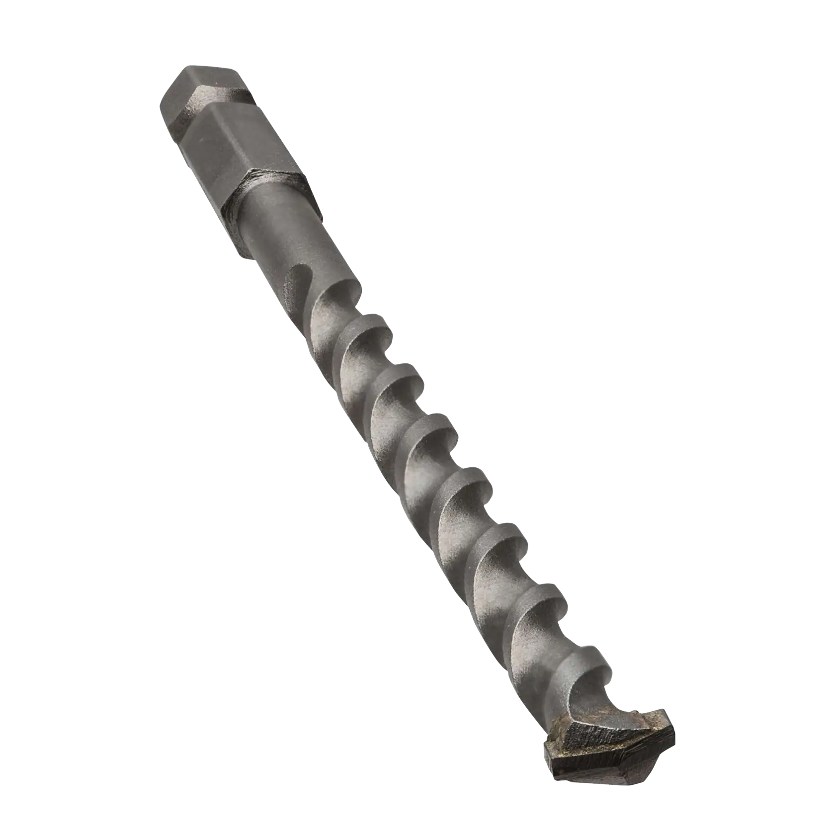 A close-up image of a metal masonry drill bit with a hex shank and spiral design, used for drilling into concrete, stone, and other masonry materials.