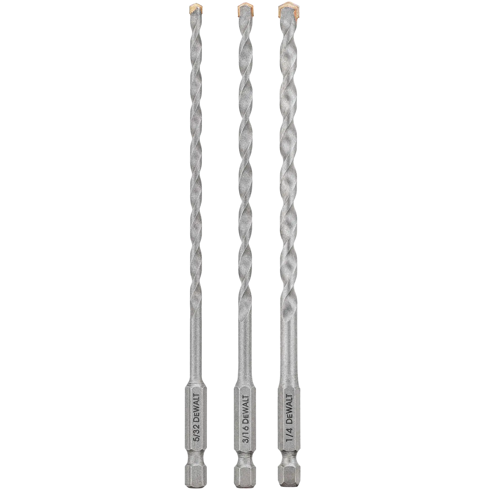 Three DEWALT masonry drill bits with hex shanks, each labeled with their respective sizes: 5/32 inch, 3/16 inch, and 1/4 inch.