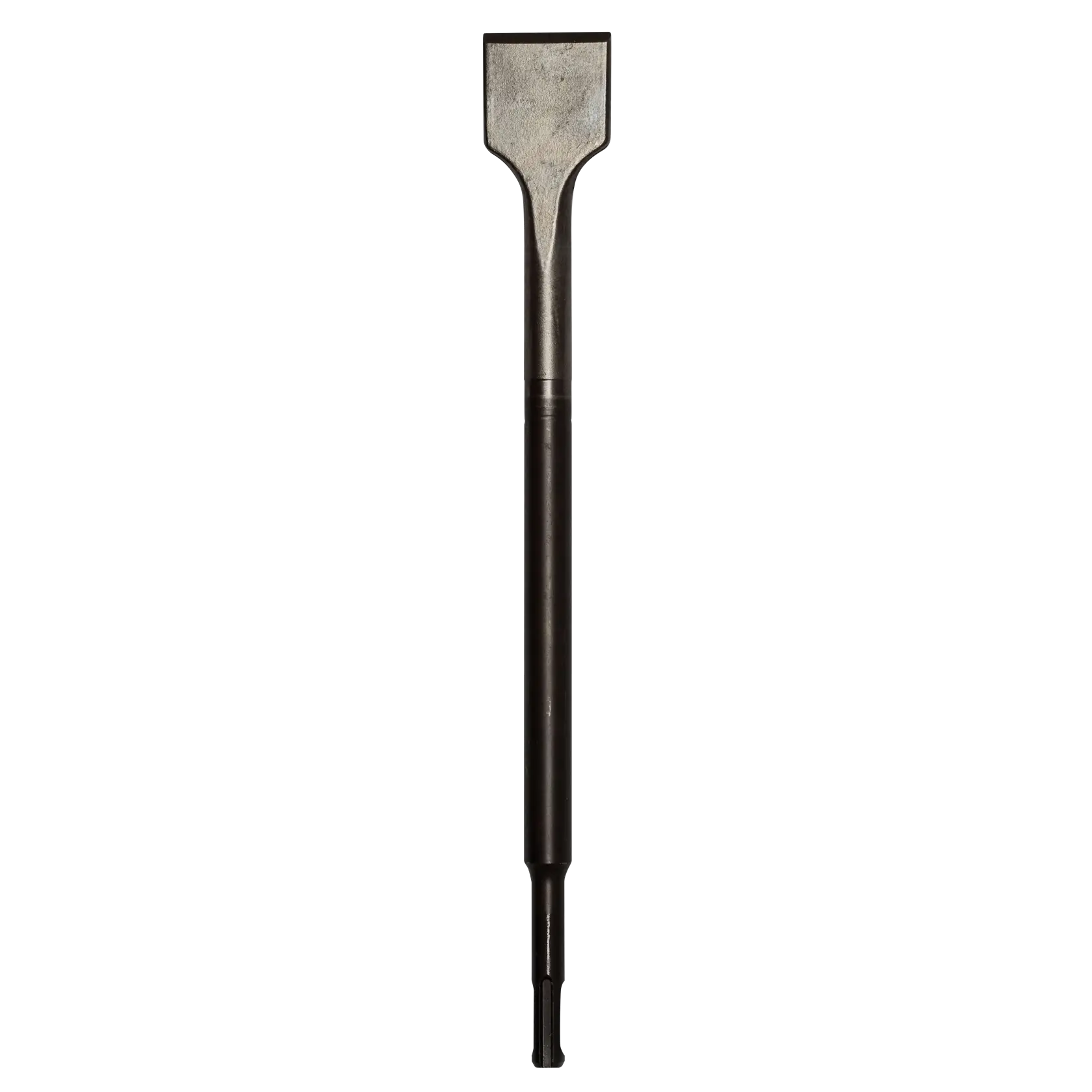 A flat chisel attachment with a wide blade and long shank, designed for use with rotary hammers or demolition tools.