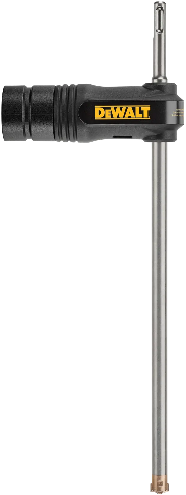 A DEWALT branded long drill bit with a black cylindrical attachment and a metal shaft, designed for heavy-duty drilling applications.