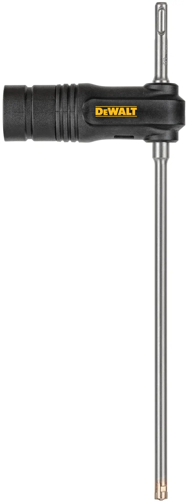 A DEWALT branded long drill bit with a black attachment, viewed from the side against a white background.