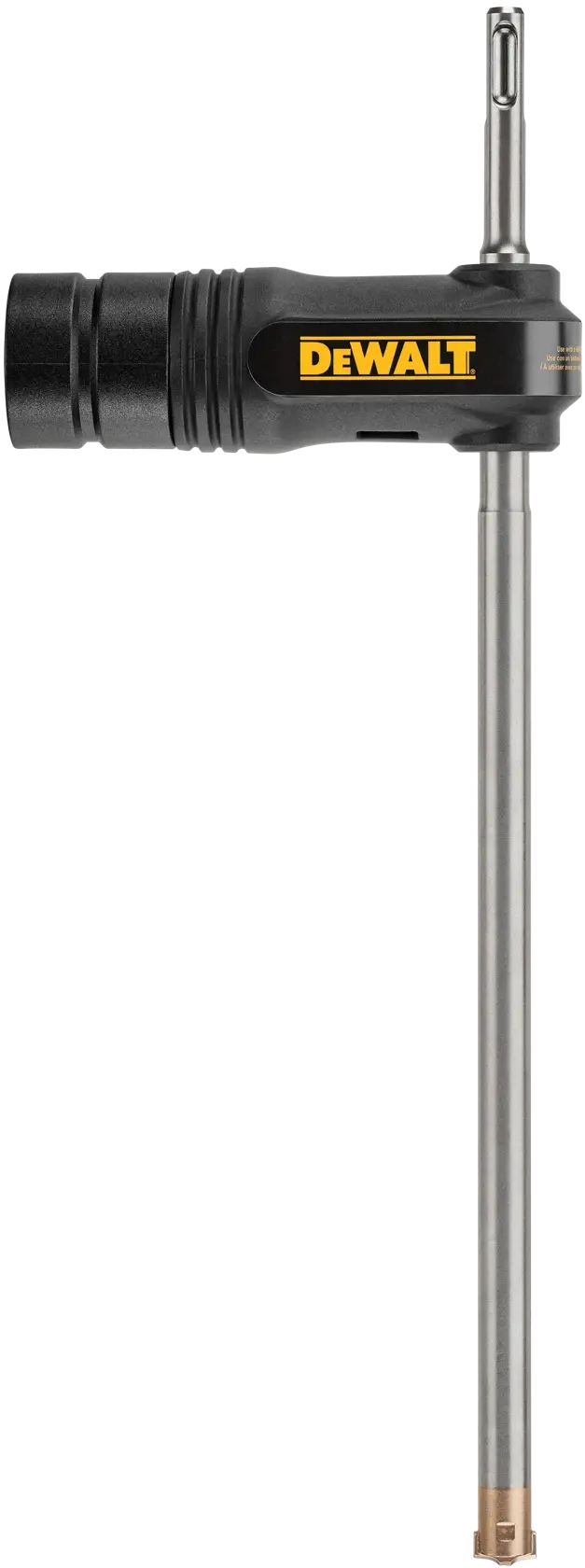 A DEWALT branded drill bit with a long metal shaft and a black attachment, shown against a white background.