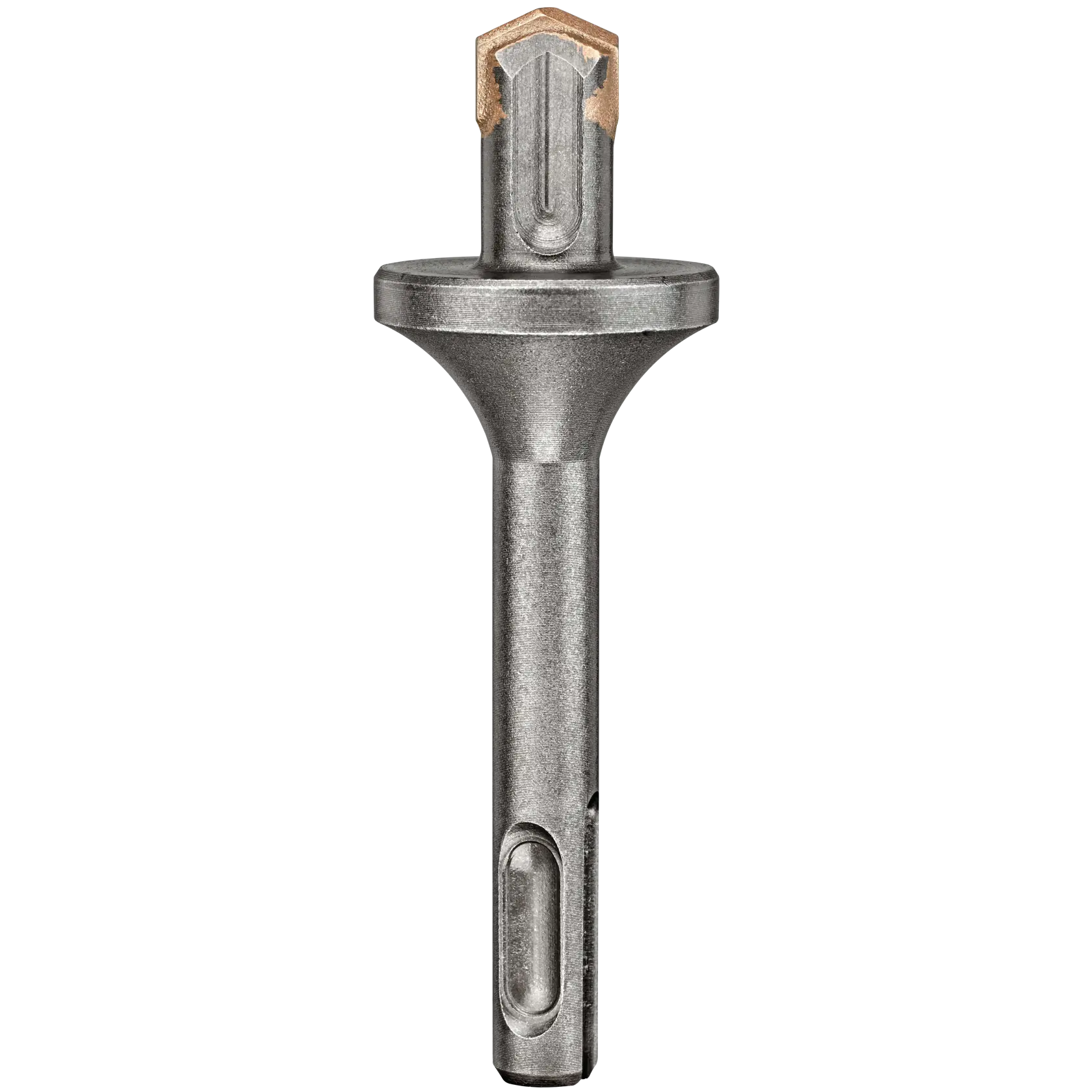 A close-up image of a DEWALT carbide-tipped SDS Plus rotary hammer drill bit with a metallic finish, used for drilling masonry and concrete.