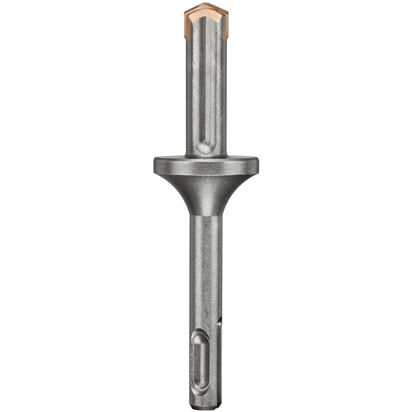 A close-up image of a DEWALT SDS carbide-tipped masonry drill bit with a wide collar, designed for use with hammer drills on concrete or masonry surfaces.