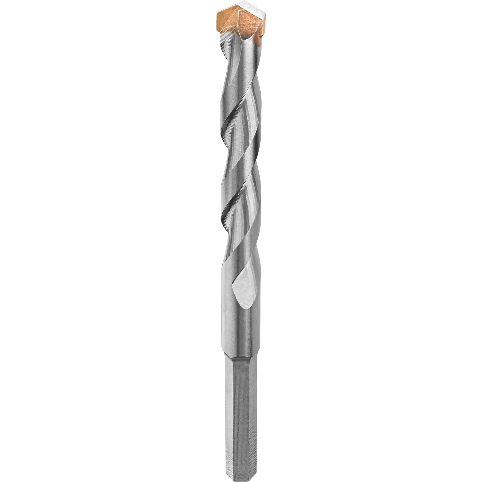 A close-up image of a metal masonry drill bit with a hex shank and a carbide tip, used for drilling into materials like concrete, stone, and brick.