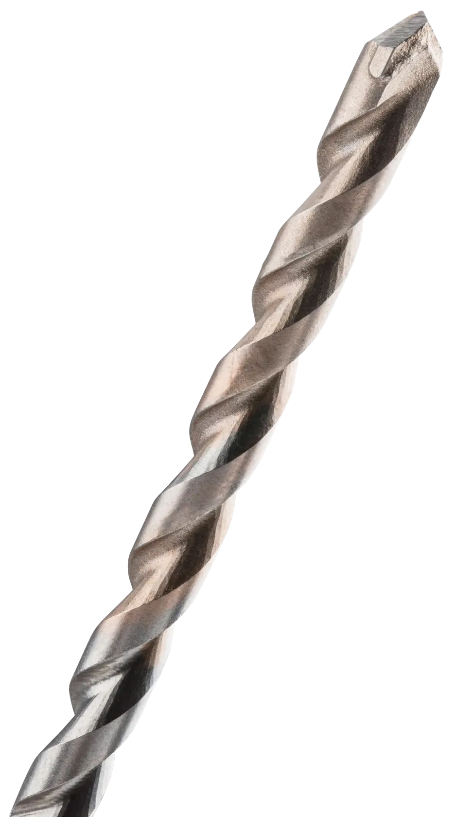 Close-up image of a metal masonry drill bit with a spiral design and a pointed tip, used for drilling into hard surfaces like concrete and stone.