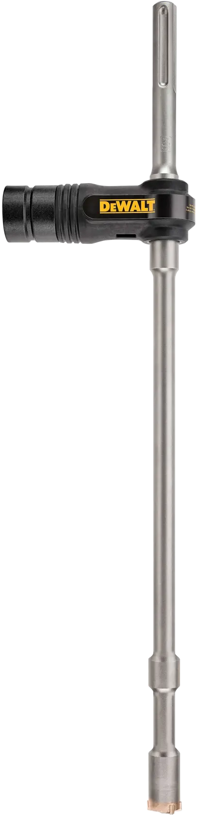 A DEWALT branded metal core drill bit with a black connector, designed for masonry or concrete drilling.