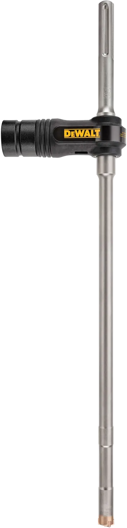 A DEWALT branded SDS max rotary hammer drill bit with a dust extraction attachment, shown vertically against a white background.