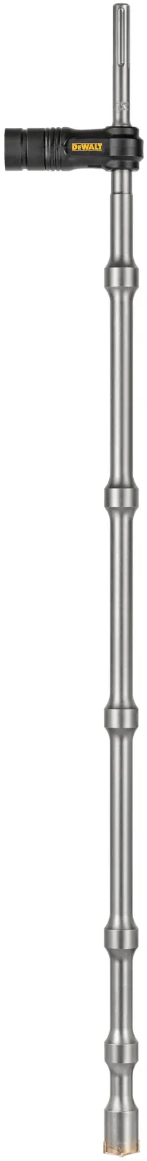 A long, metal DEWALT drill bit with reinforced sections and a black attachment near the top.
