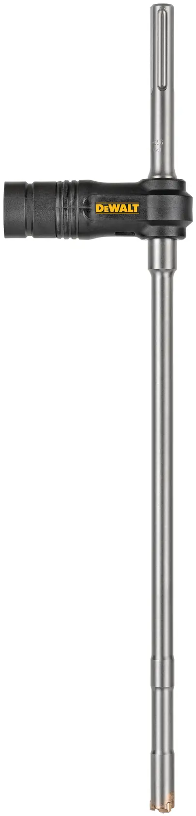 A DEWALT branded SDS Max rotary hammer drill bit with core bit adapter, shown vertically on a white background.