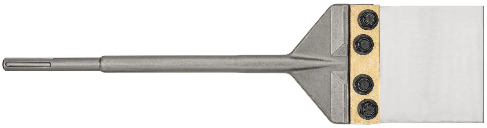 A DEWALT SDS Max floor scraper blade with a metal shaft, rectangular scraping blade, and three bolts securing the blade. The product is oriented horizontally against a white background.