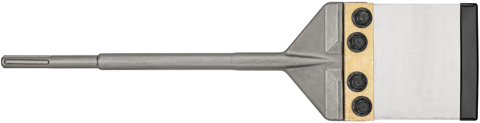 A DEWALT heavy-duty scraper blade with a metal shaft and a wide flat blade, designed for power tool attachment.