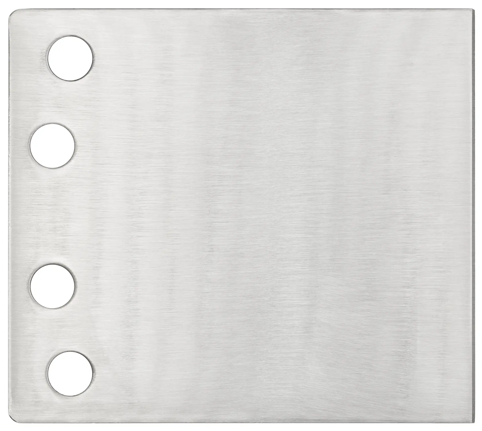 A rectangular, metallic plate with a brushed finish, featuring four evenly spaced round holes along the left edge.