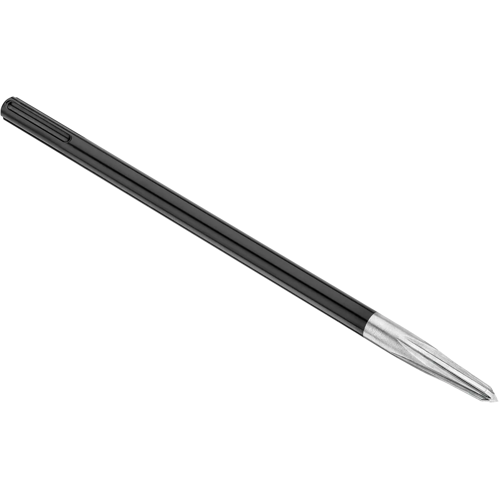 A metal chisel with a black shaft and a silver pointed tip, displayed on a white background.