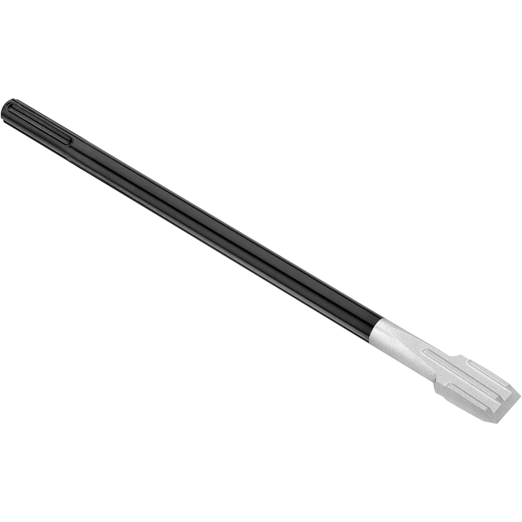 A DEWALT SDS Max flat chisel, featuring a long black steel shaft and a silver flat tip, designed for use with demolition hammers.