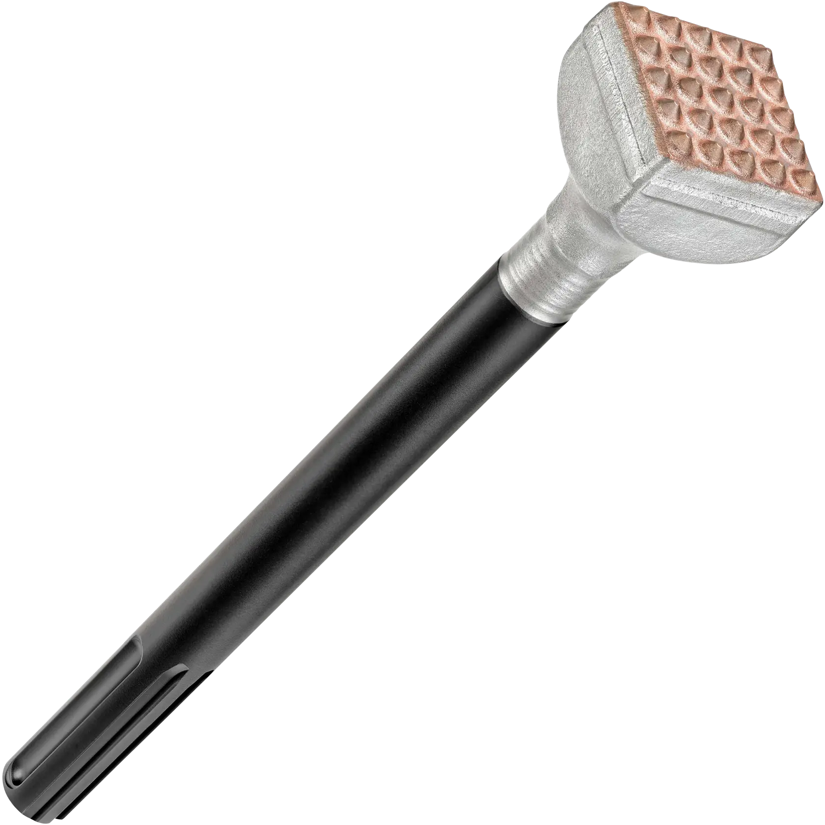 A DEWALT SDS Max scaling chisel with a square, textured head and a black shaft, used for heavy-duty masonry or demolition work.