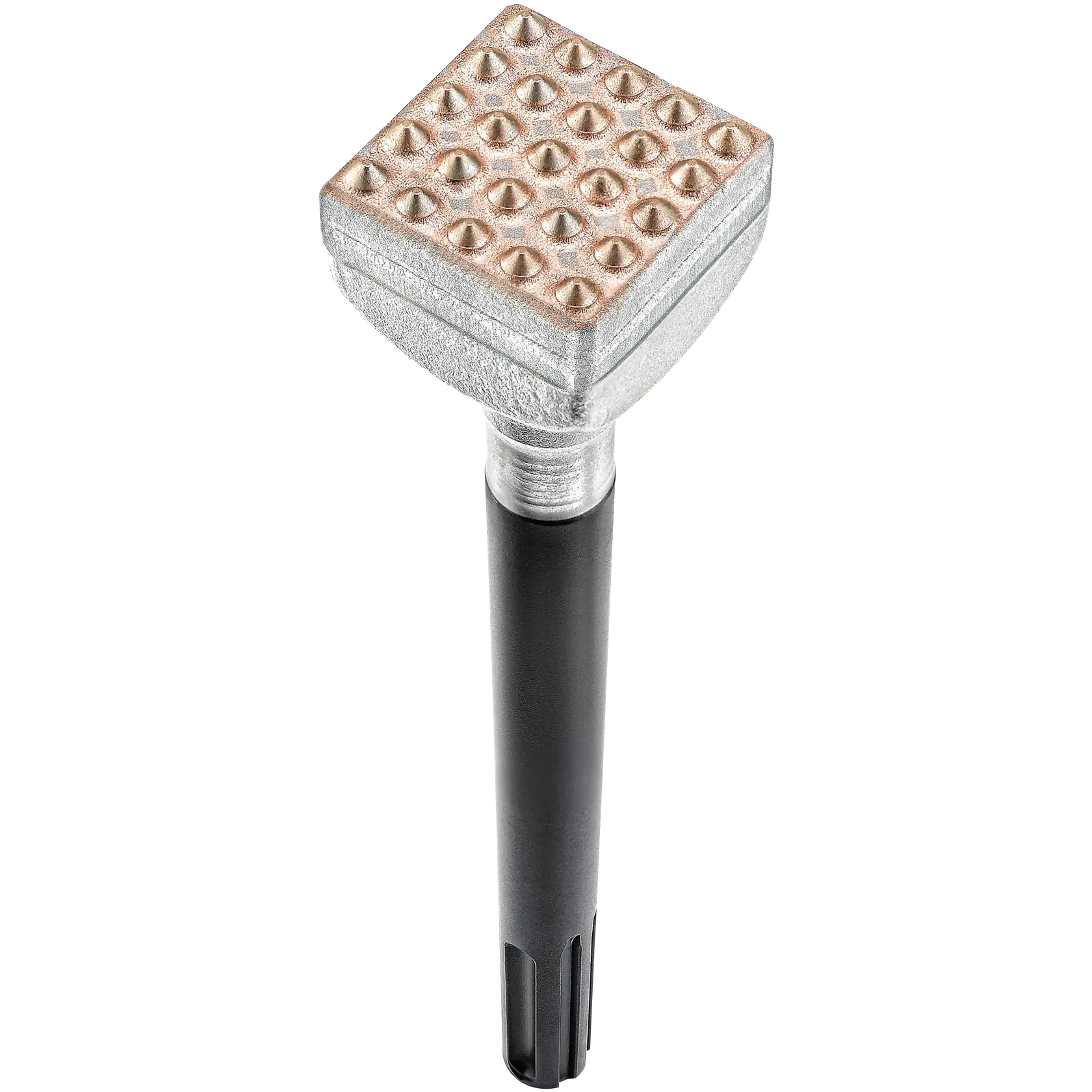 A square-faced masonry chisel with a metal spiked head and a black handle, used for roughening stone or concrete surfaces.