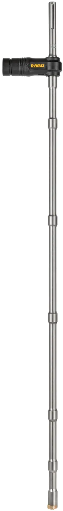 A DEWALT branded drill bit extension tool, long and metallic with multiple segments and a black attachment point at the top.