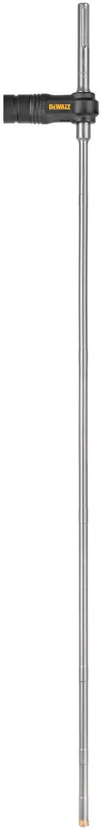 A long, straight metallic drill bit with a black attachment near the top, branded with the DEWALT logo.
