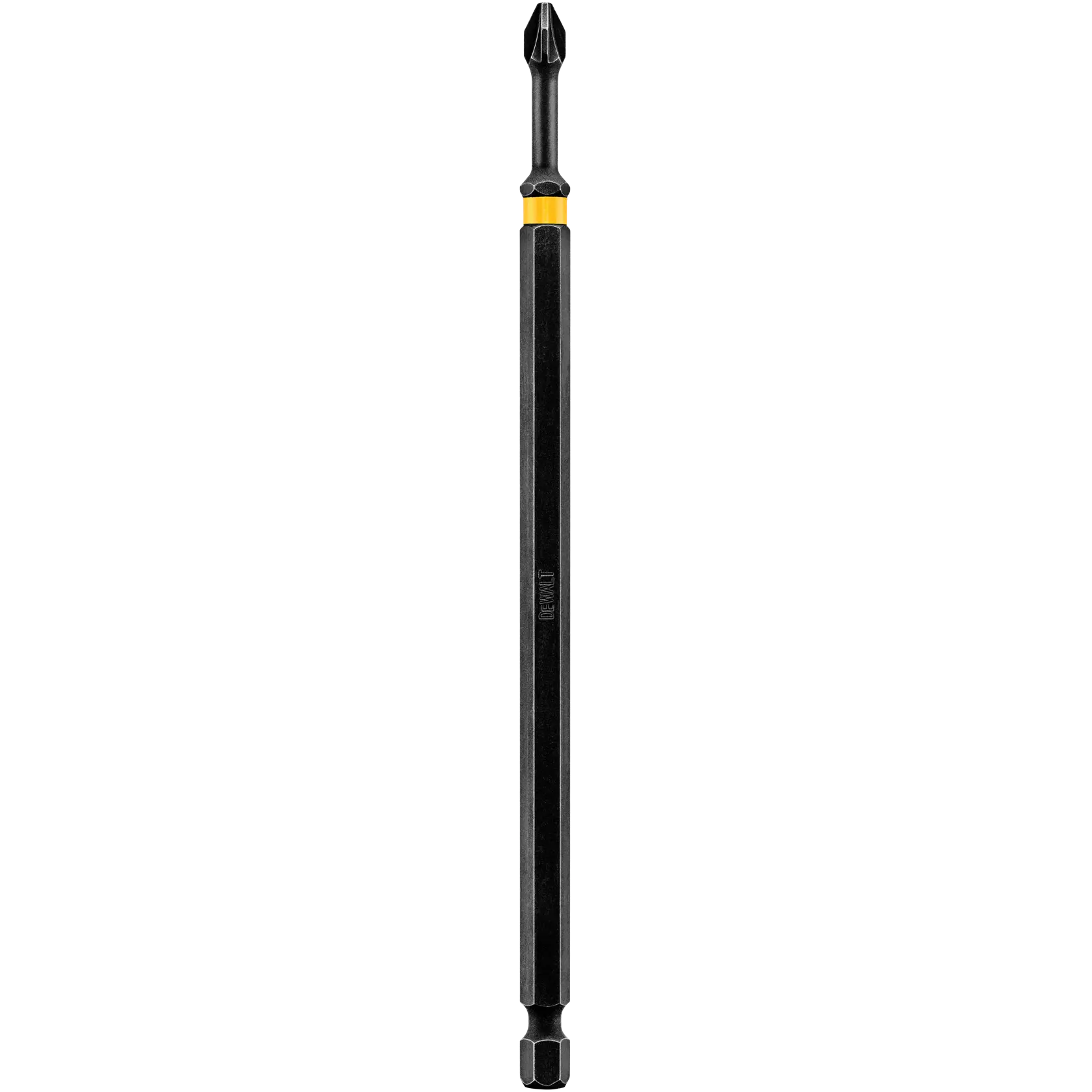 A DEWALT long black Phillips screwdriver bit with a yellow ring, designed for use with power tools. The bit has a hexagonal shaft and a Phillips head.