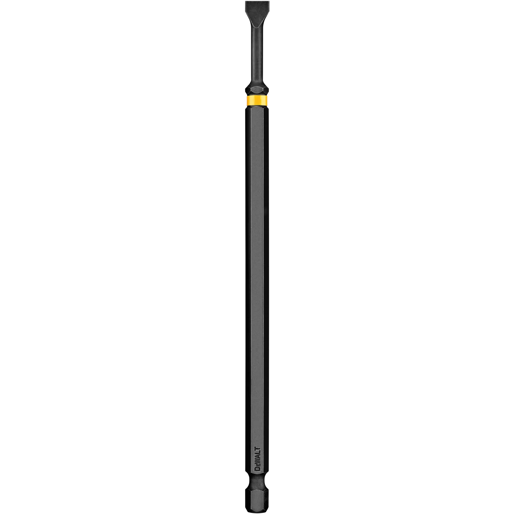 A DEWALT long black screwdriver bit with a flat head, featuring a yellow ring near the top and hexagonal shaft, photographed on a white background.