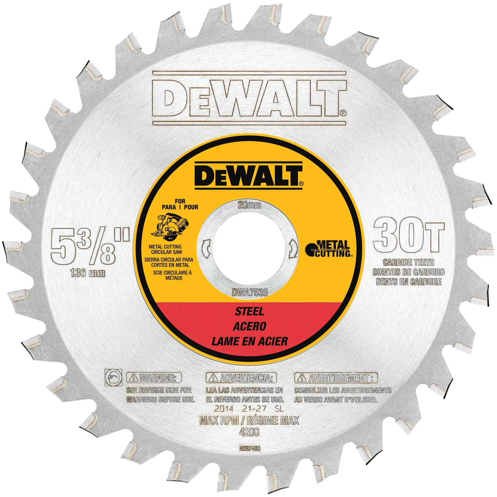 DEWALT steel circular saw blade, 5-3/8 inch diameter, 30 carbide teeth, designed for metal cutting, model DWA7538.