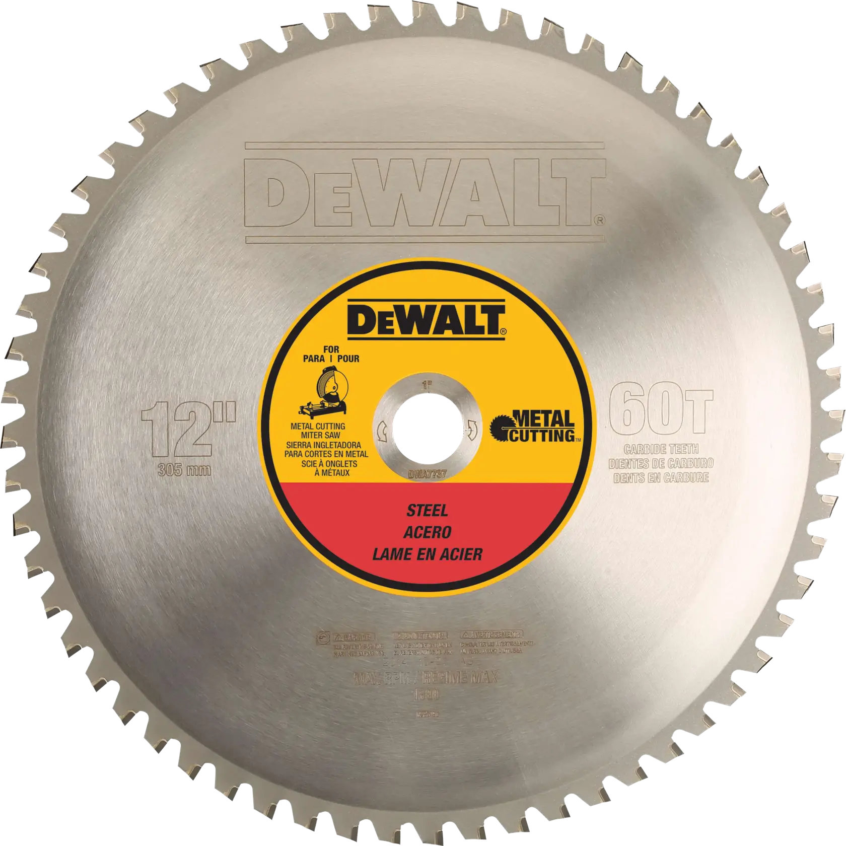 A DEWALT 12-inch circular saw blade with 60 carbide teeth, designed for cutting steel. The blade has a central label with the DEWALT logo, product details, and specifications for metal cutting.