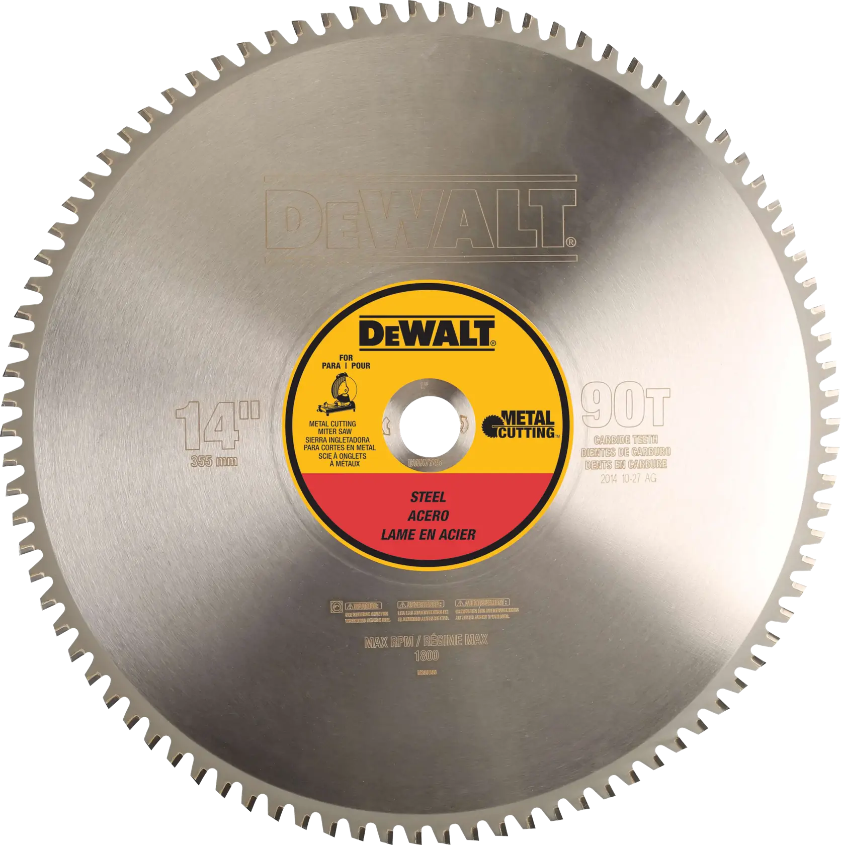 DEWALT 14-inch steel cutting circular saw blade with 90 teeth, designed for metal cutting. The blade has a silver finish with a yellow and red center label showing product details and specifications.