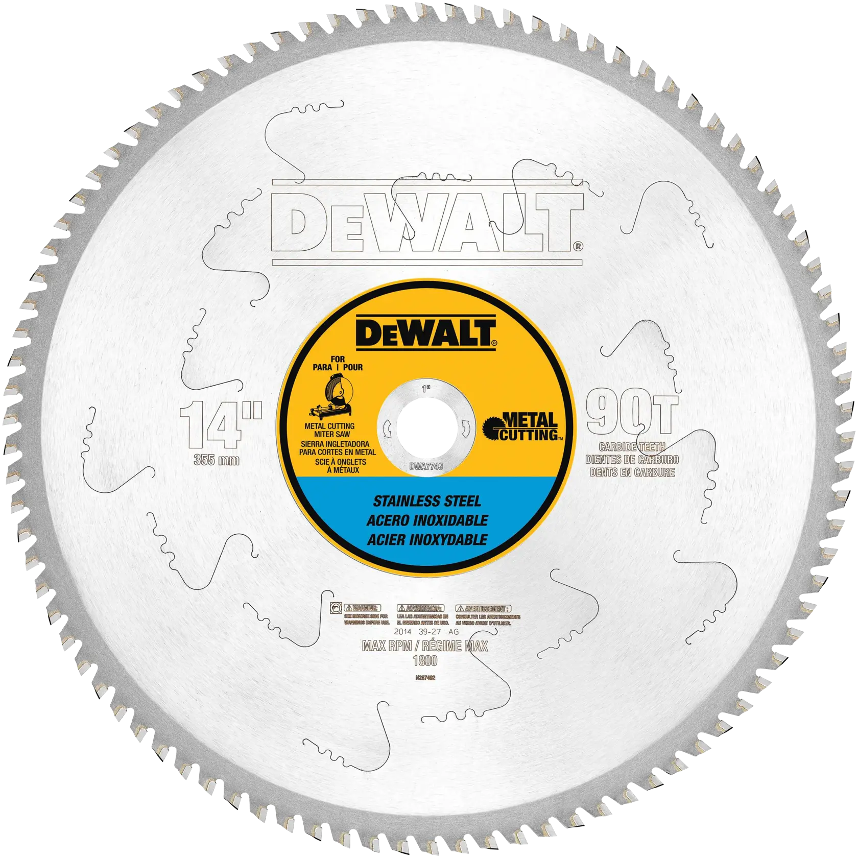 A DEWALT branded circular saw blade for metal cutting, specifically stainless steel. The blade is 14 inches in diameter and has 90 carbide-tipped teeth. Text on the blade indicates compatibility for use with miter saws and metal cutting, and the central label features yellow, black, and blue colors.