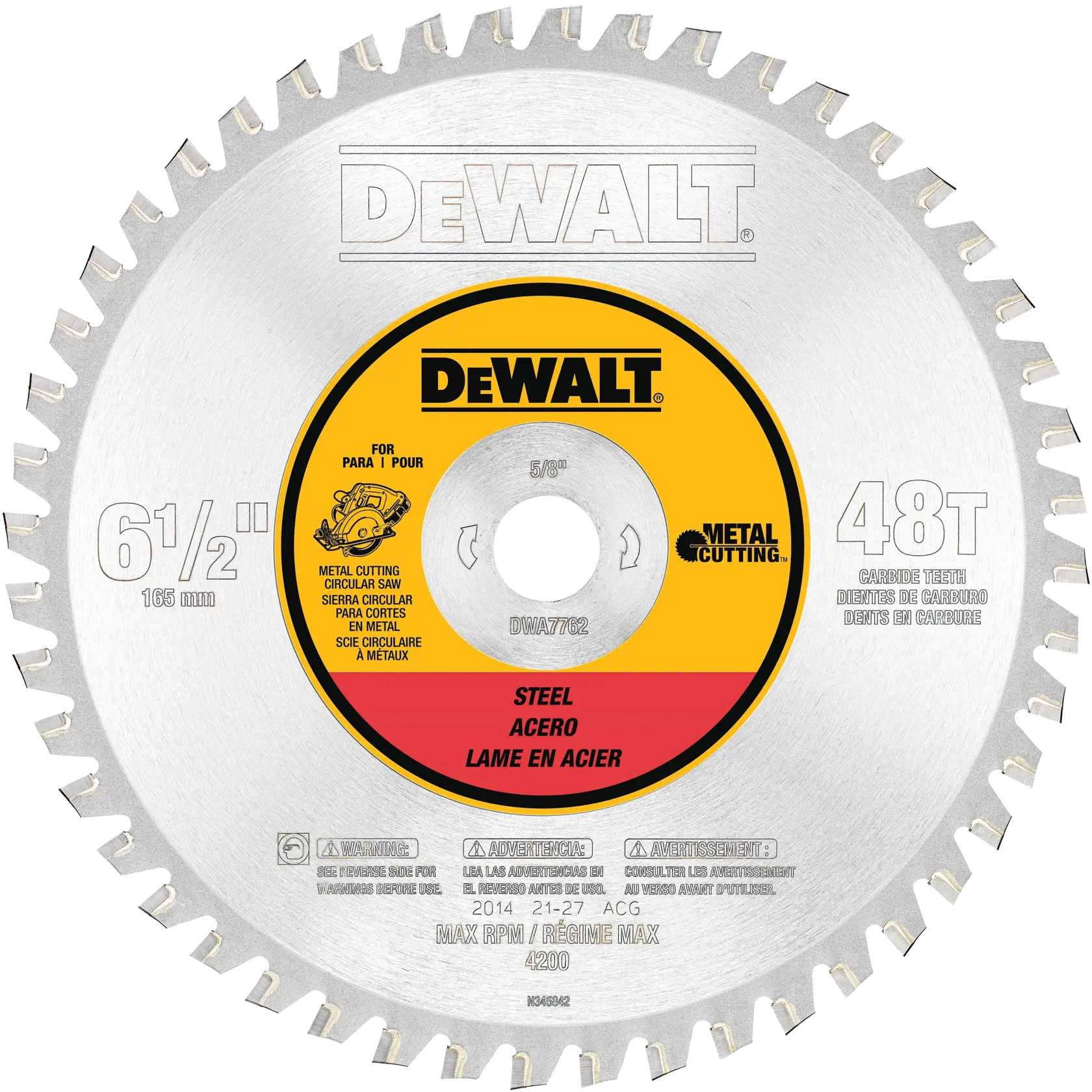 A DEWALT DWA7762 circular saw blade for metal cutting, with 48 carbide teeth, 6 1/2 inch (165 mm) diameter, and labeled for steel use. The blade has a yellow and red center with product details and warnings.
