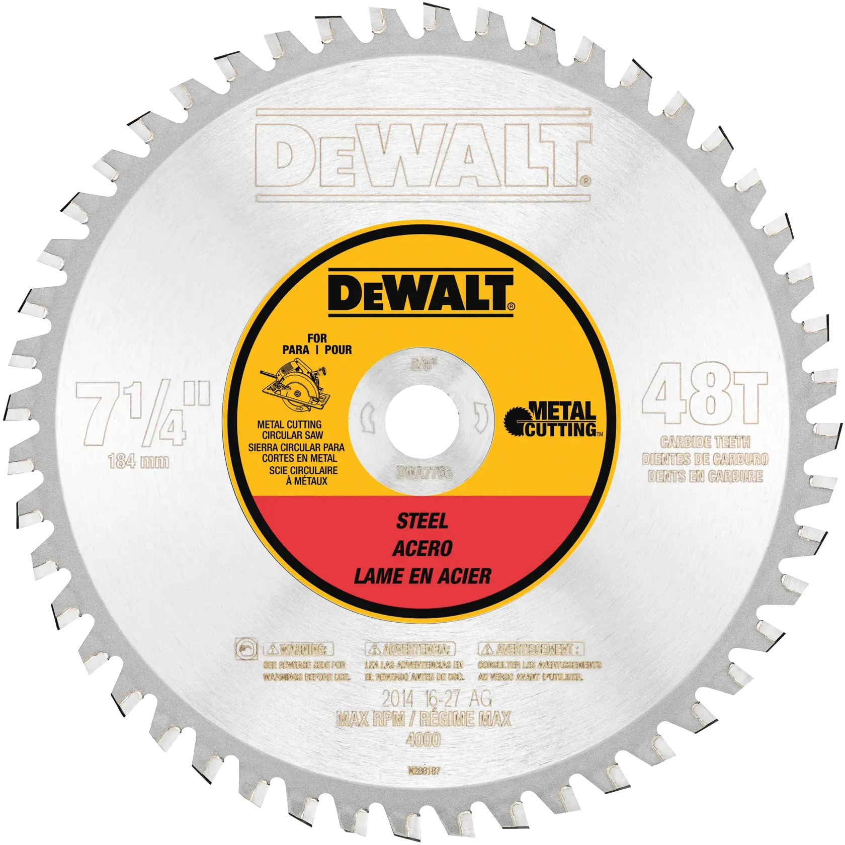 DEWALT 7 1/4 inch (184 mm) circular saw blade for metal cutting, 48 carbide teeth, labeled for steel with yellow and red center.