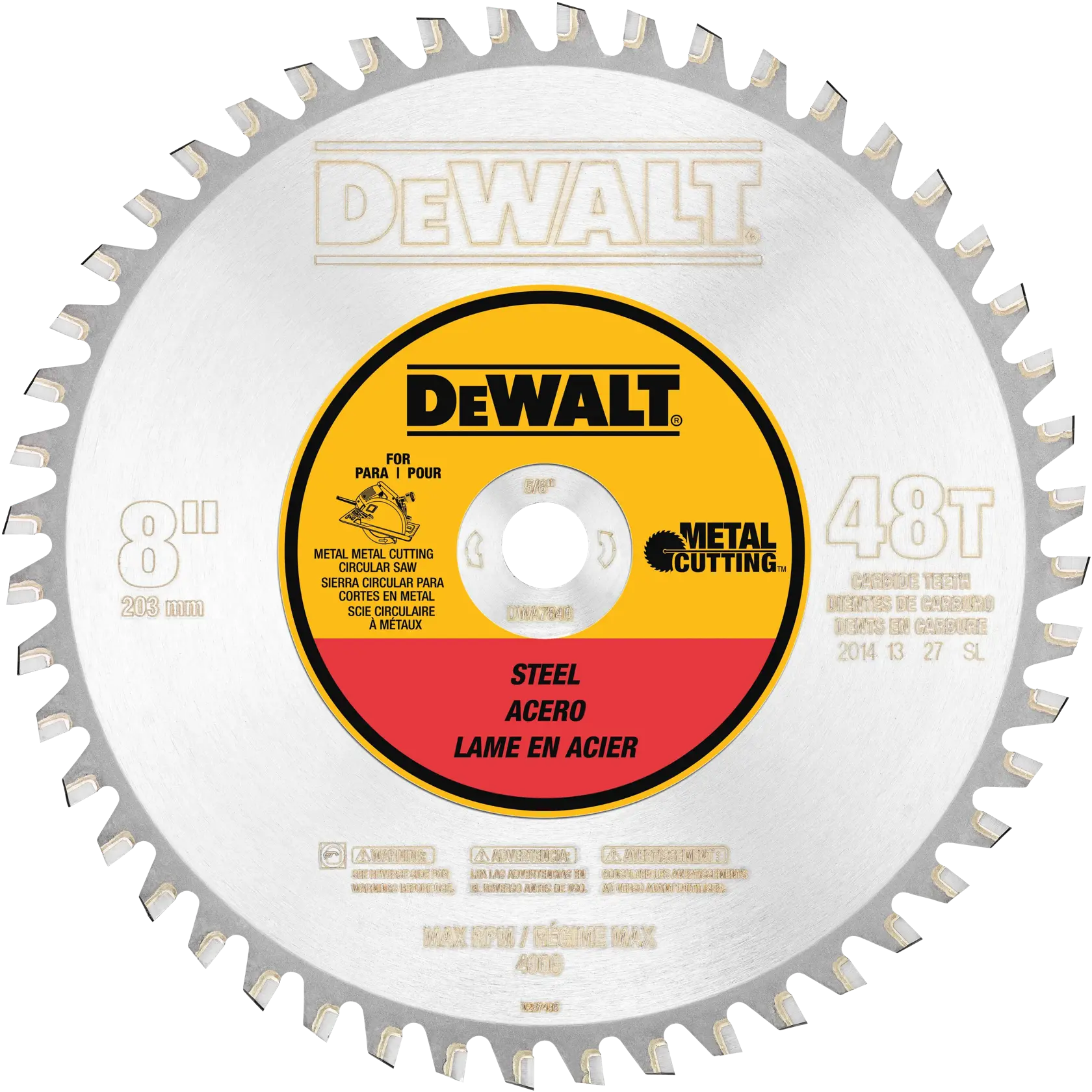 DEWALT 8-inch circular saw blade for metal cutting, featuring 48 carbide teeth, labeled for steel cutting with tri-lingual instructions.