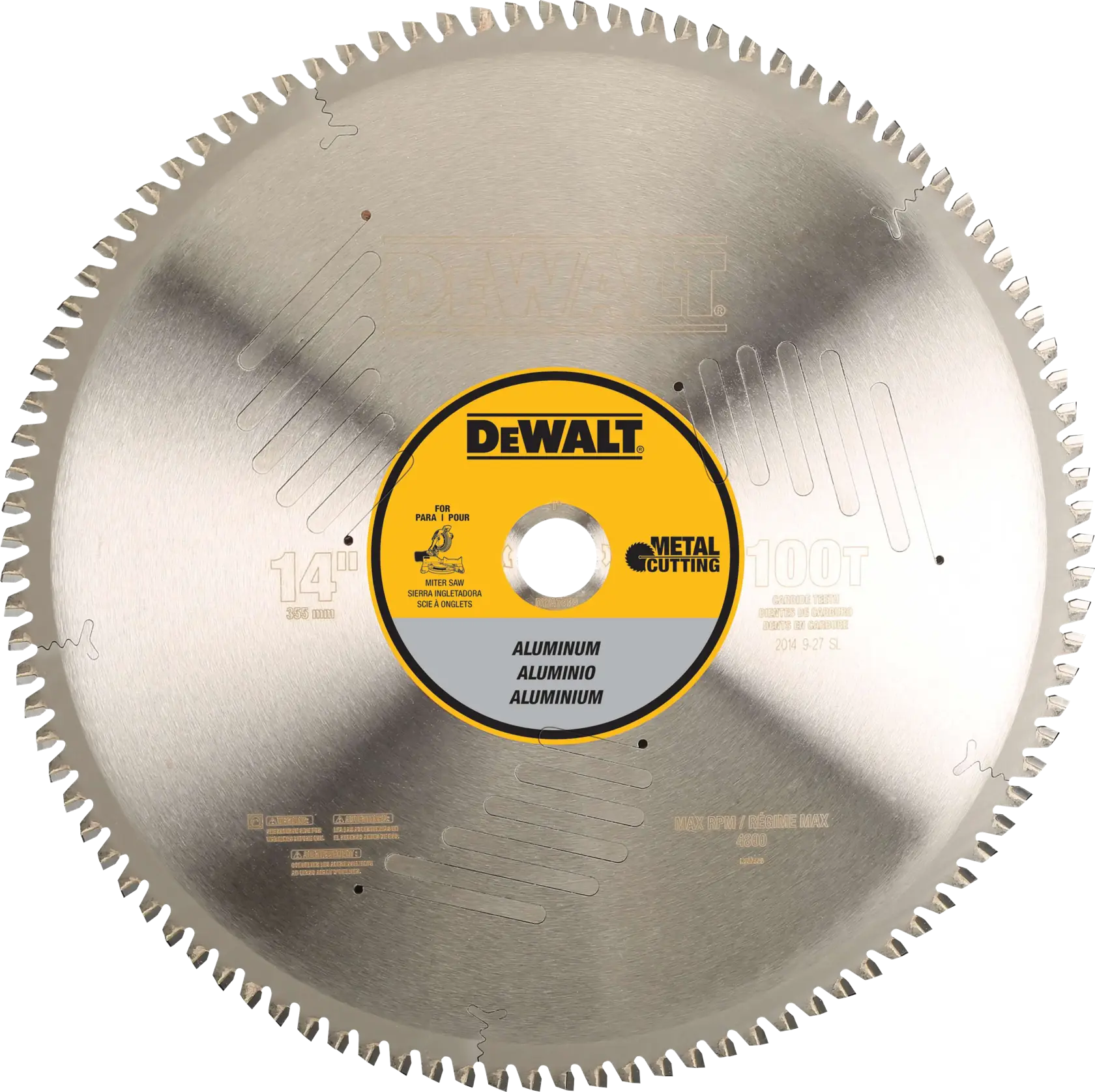 A DEWALT 14-inch metal cutting circular saw blade with 100 teeth, designed for cutting aluminum. The blade features a silver finish, with a yellow and black label detailing product information, including the DEWALT brand logo and specifications.