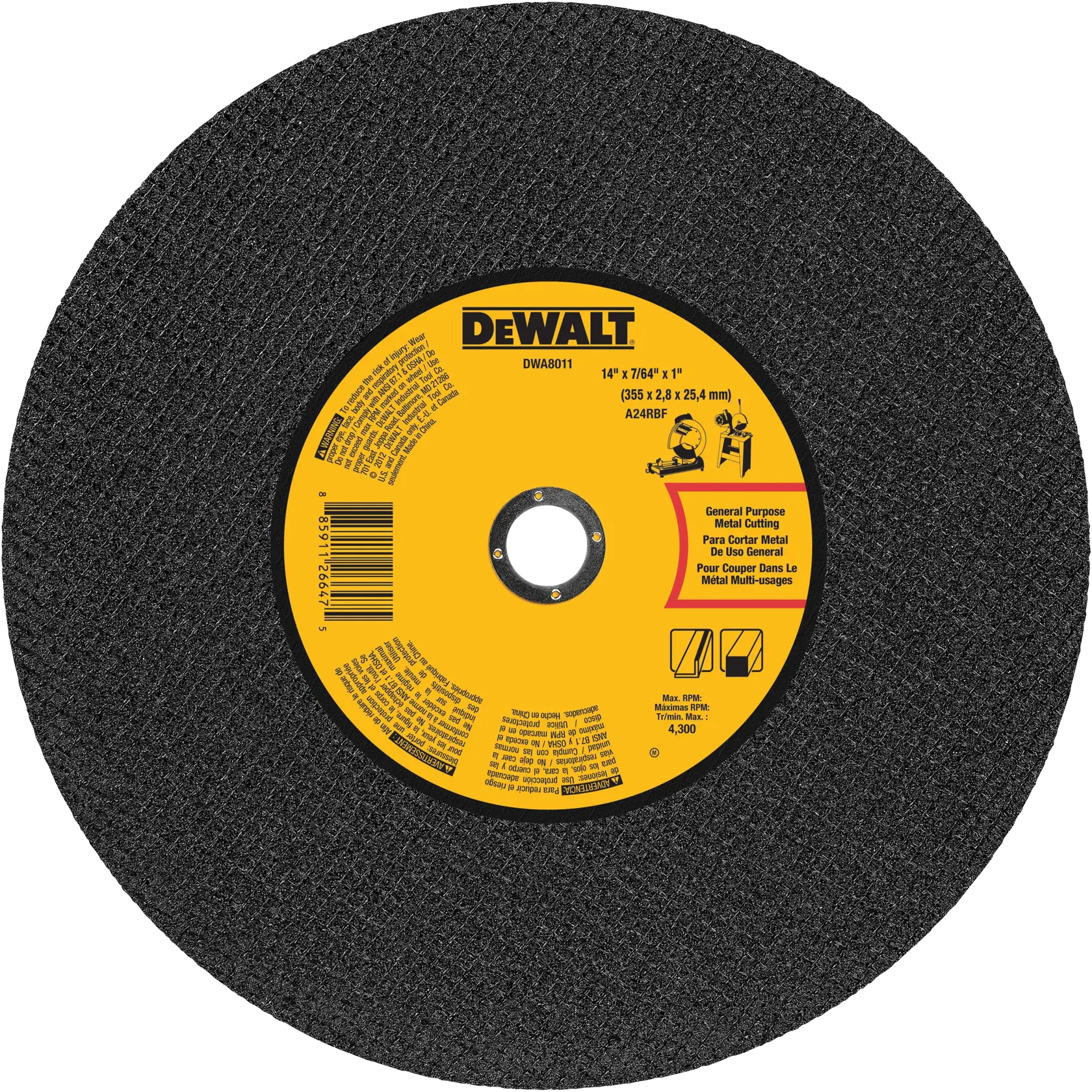 DEWALT DWA8011 general purpose metal cutting wheel, 14 inch diameter, with a central yellow label containing safety information and product details.