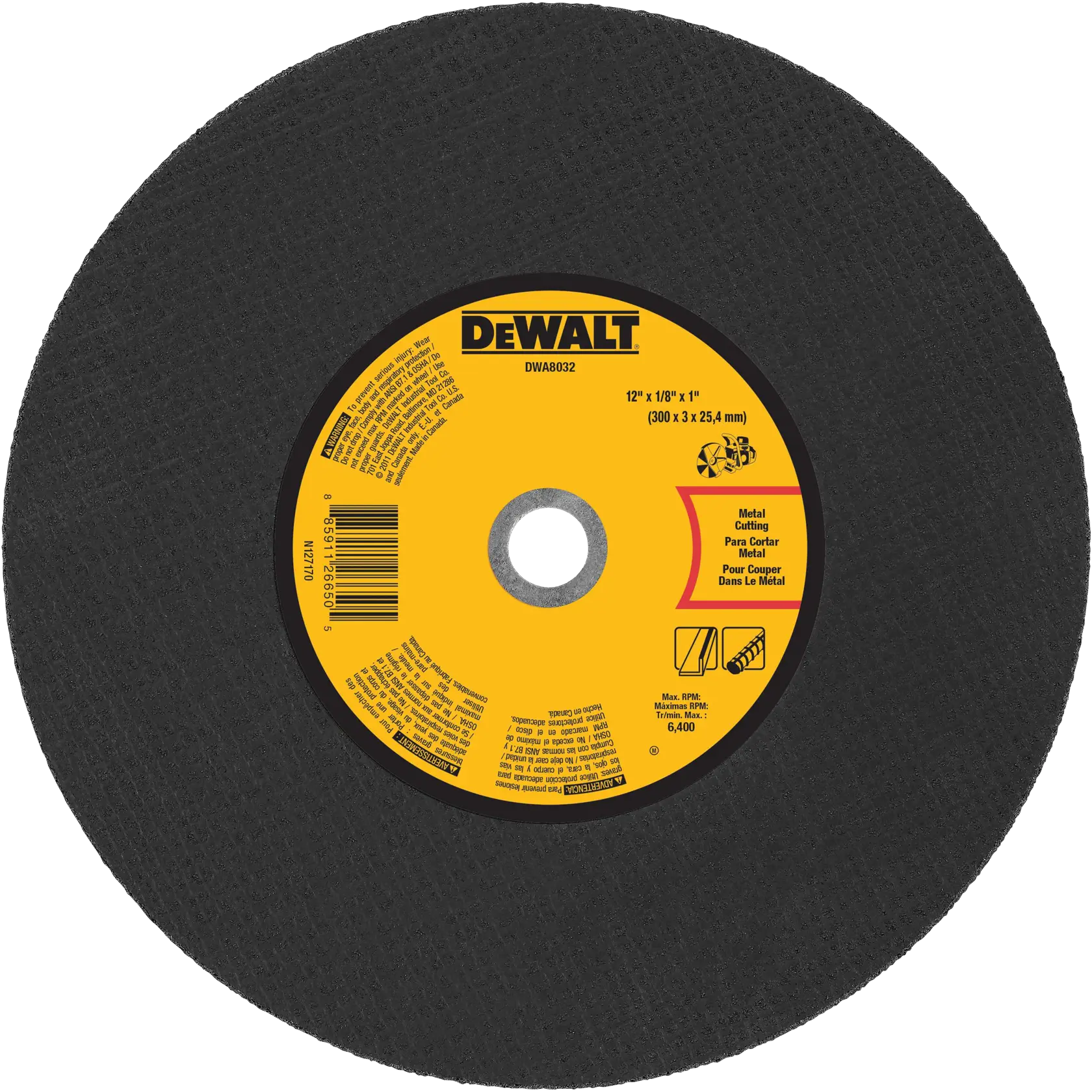 DEWALT DWA8032 metal cutting wheel, 12 inch diameter, designed for cutting metal, with a black textured surface and yellow center label showing specifications and safety warnings.