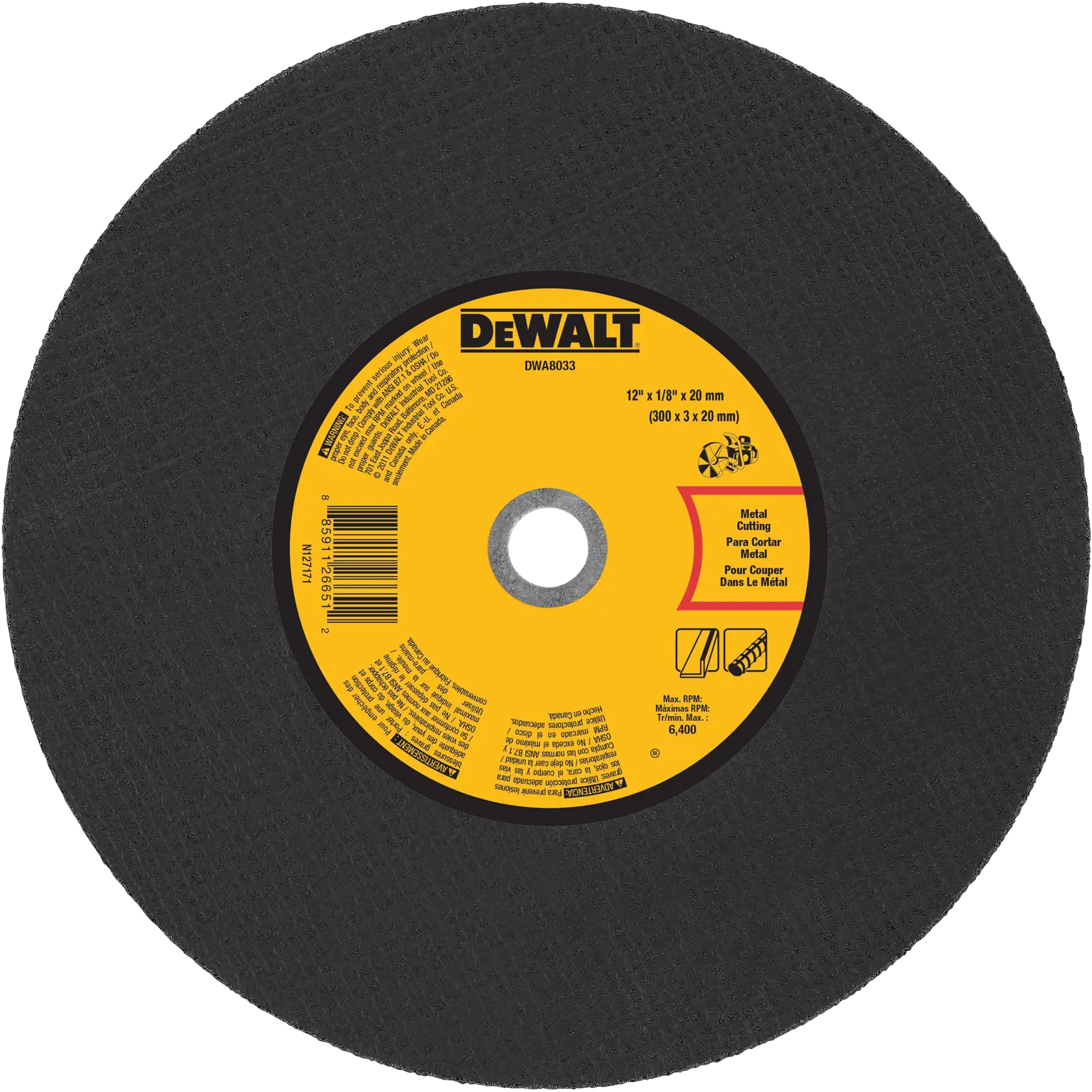 A DEWALT DWA8033 metal cutting wheel, 12-inch diameter with a yellow center label displaying product information and safety icons.