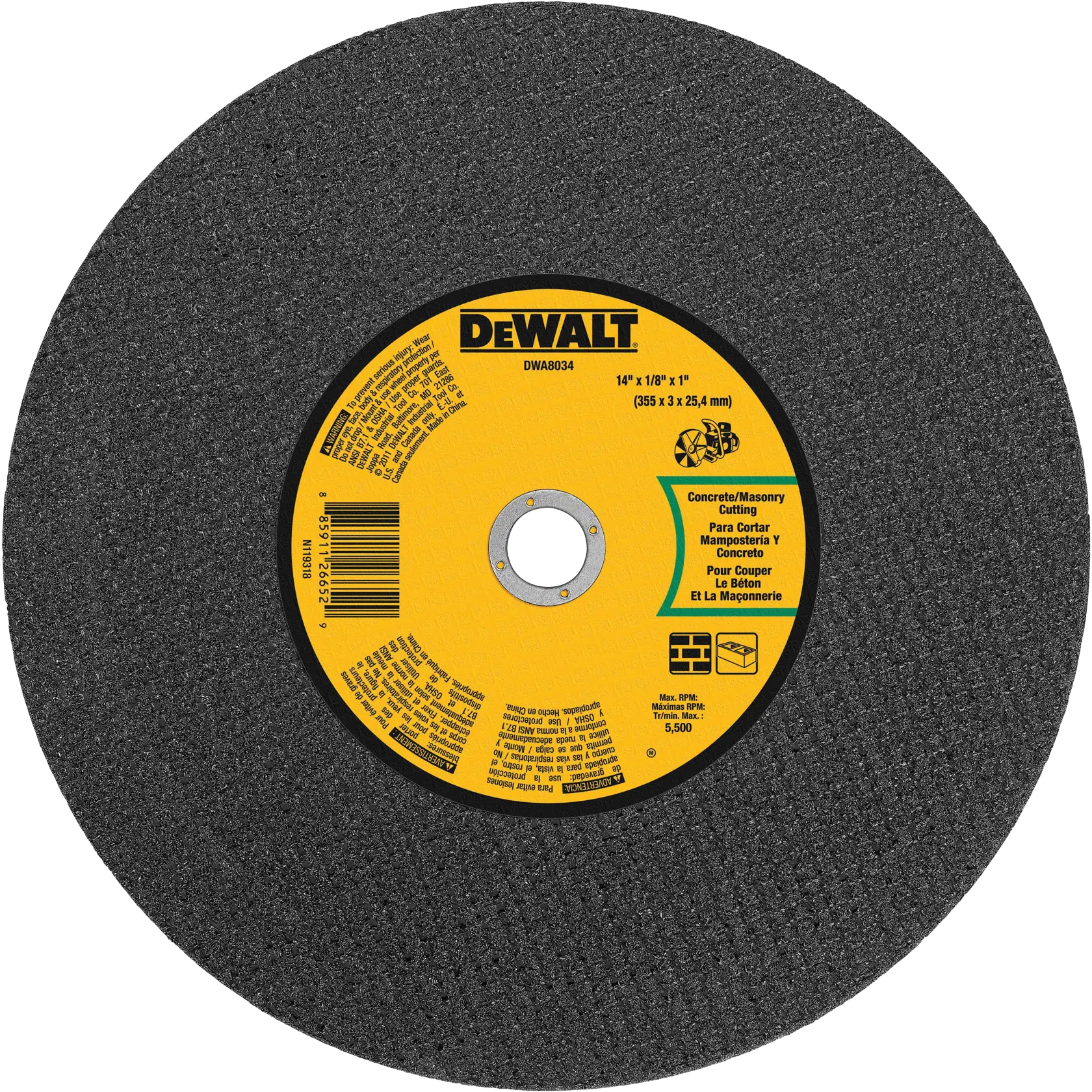 A DEWALT DWA8034 masonry and concrete cutting wheel, 14-inch diameter with a yellow and black label in the center displaying product information and safety instructions.
