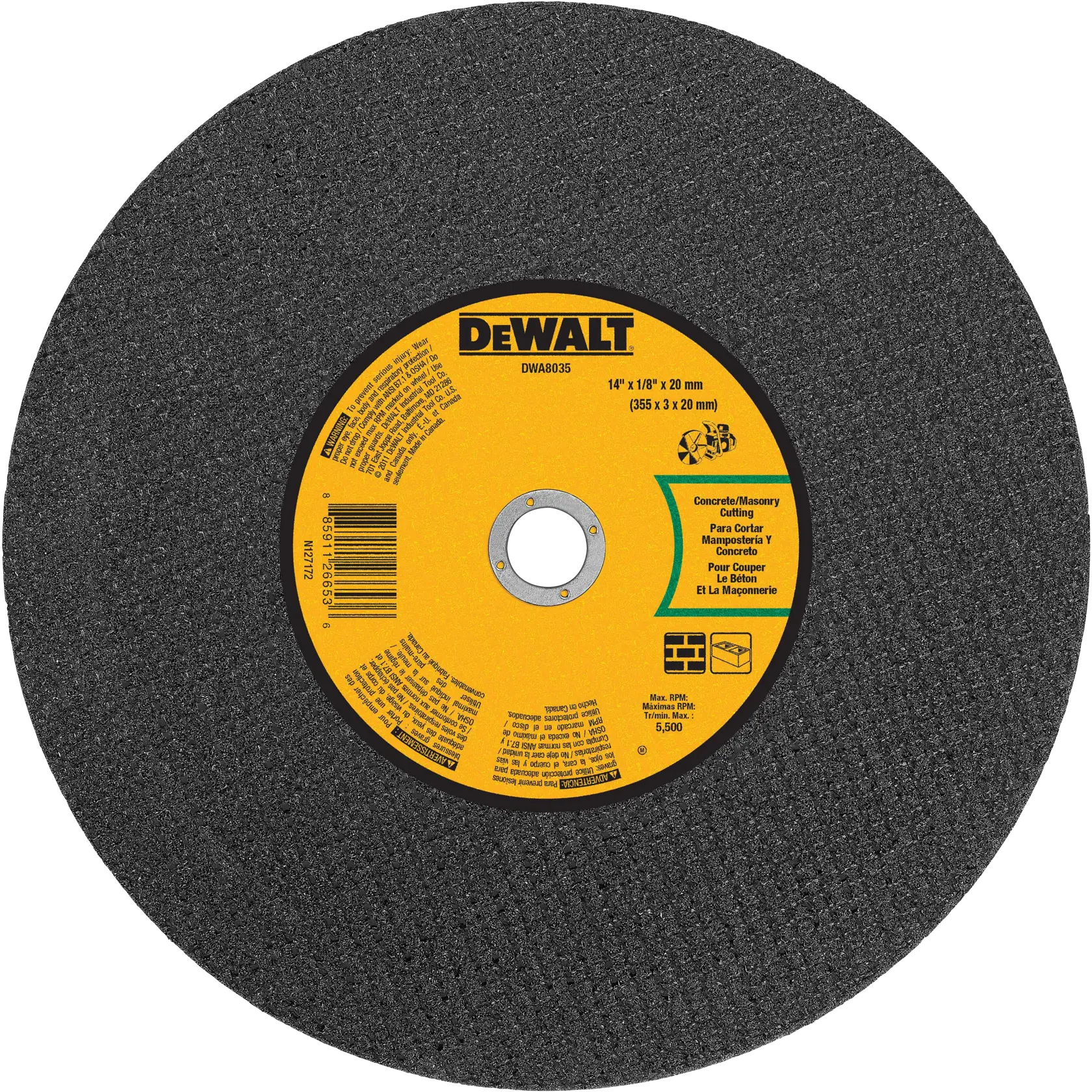 A DEWALT DWA8035 concrete and masonry cutting wheel, 14 inch diameter, with a yellow and black label at the center showing specifications and usage instructions.
