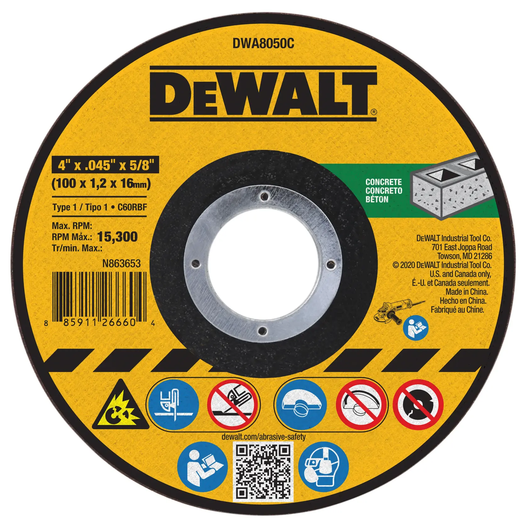 A DEWALT branded circular cutting disc for concrete, showing specifications including 4 inch diameter, 0.045 inch thickness, and 5/8 inch arbor size. Max RPM is 15,300. The label displays usage instructions, safety icons, and a barcode.
