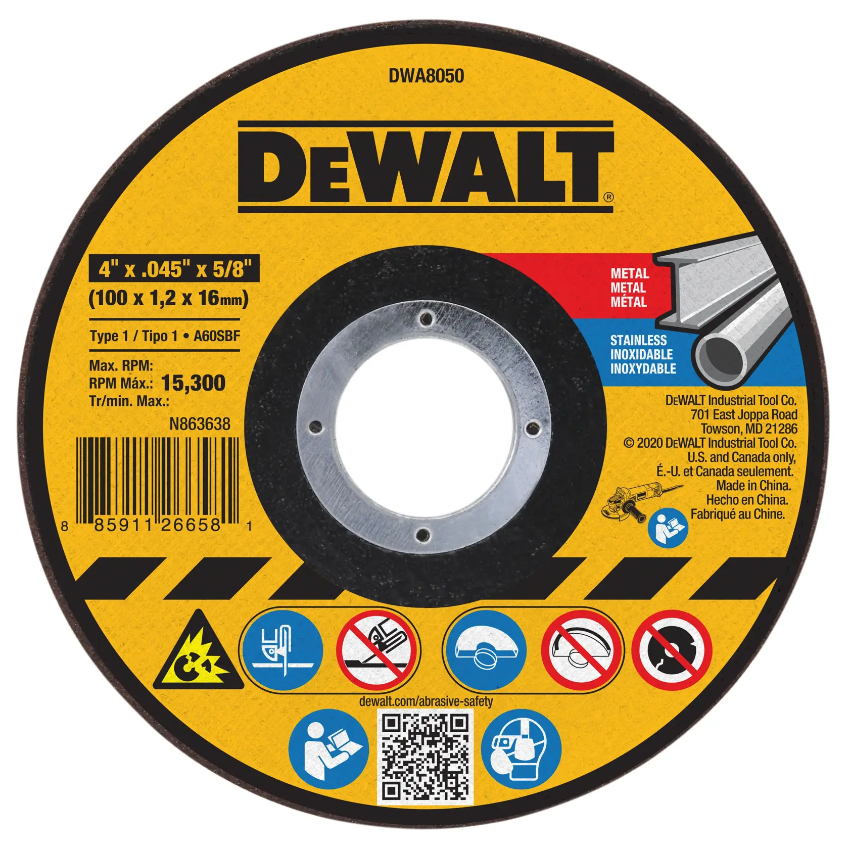 A DEWALT branded abrasive cutting wheel (SKU DWA8050) for metal and stainless steel, measuring 4 inches by 0.045 inches by 5/8 inch (100 x 1.2 x 16 mm). The wheel displays maximum RPM of 15,300 and safety icons for proper usage. Barcode, QR code, and product specifications are visible on the yellow and black label.