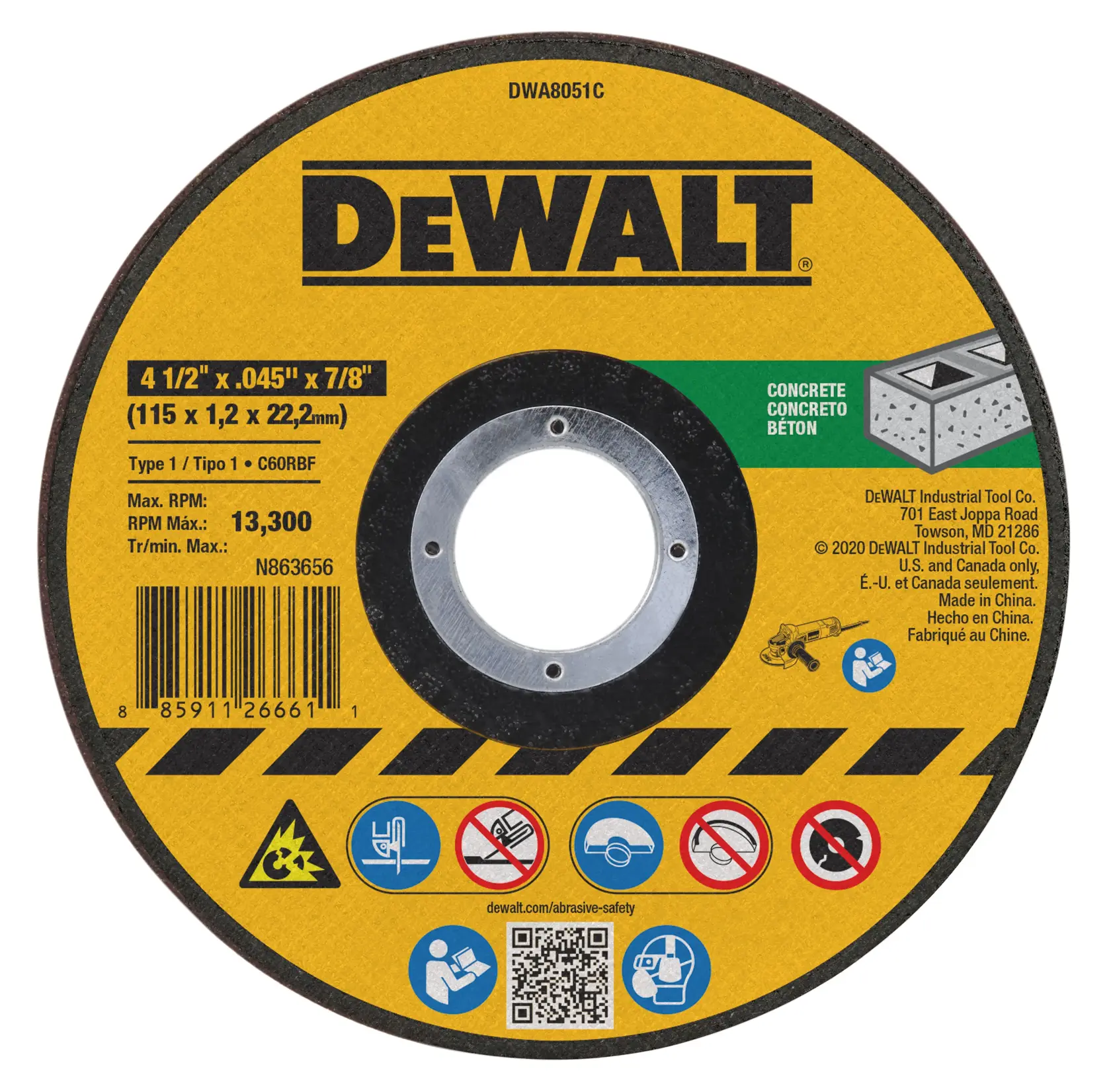 DEWALT branded concrete cutting wheel with yellow and black design, product code DWA8051C. The wheel is labeled for concrete and features specifications such as 4 1/2 x .045 x 7/8 inch (115 x 1.2 x 22.2mm), maximum RPM of 13,300, and various safety and usage icons.
