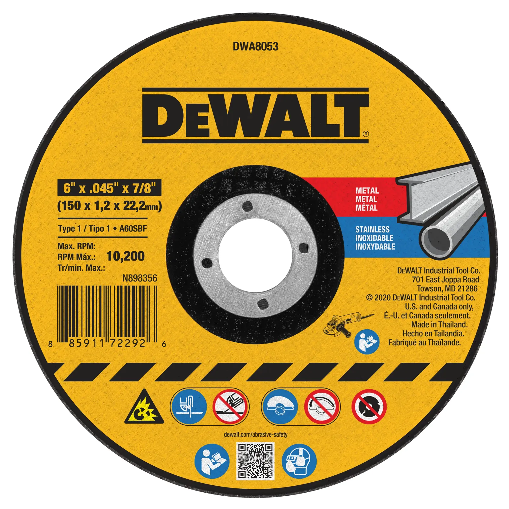DEWALT DWA8053 metal cutting wheel with yellow and black design, showing product details including 6 inch diameter, .045 inch thickness, 7/8 inch arbor, and maximum speed of 10,200 RPM. Labeled for use on metal and stainless steel, with safety icons and barcode visible.