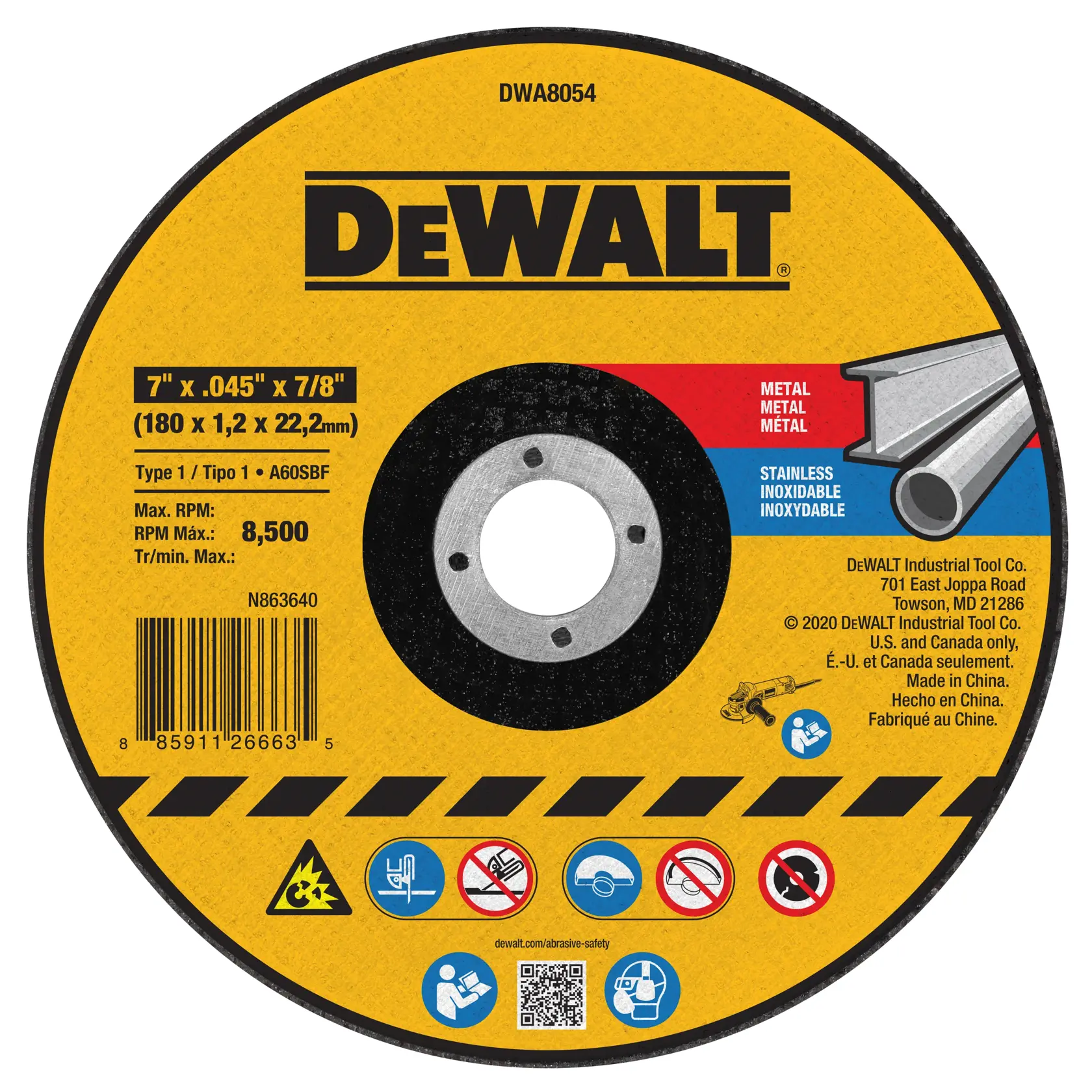 A DEWALT branded abrasive cutting wheel for metal and stainless steel. The wheel is yellow with black and blue portions, and text showing dimensions of 7 inches by 0.045 inches by 7/8 inches (180 x 1.2 x 22.2 mm), type 1, maximum RPM of 8,500. Includes safety icons and manufacturer information.