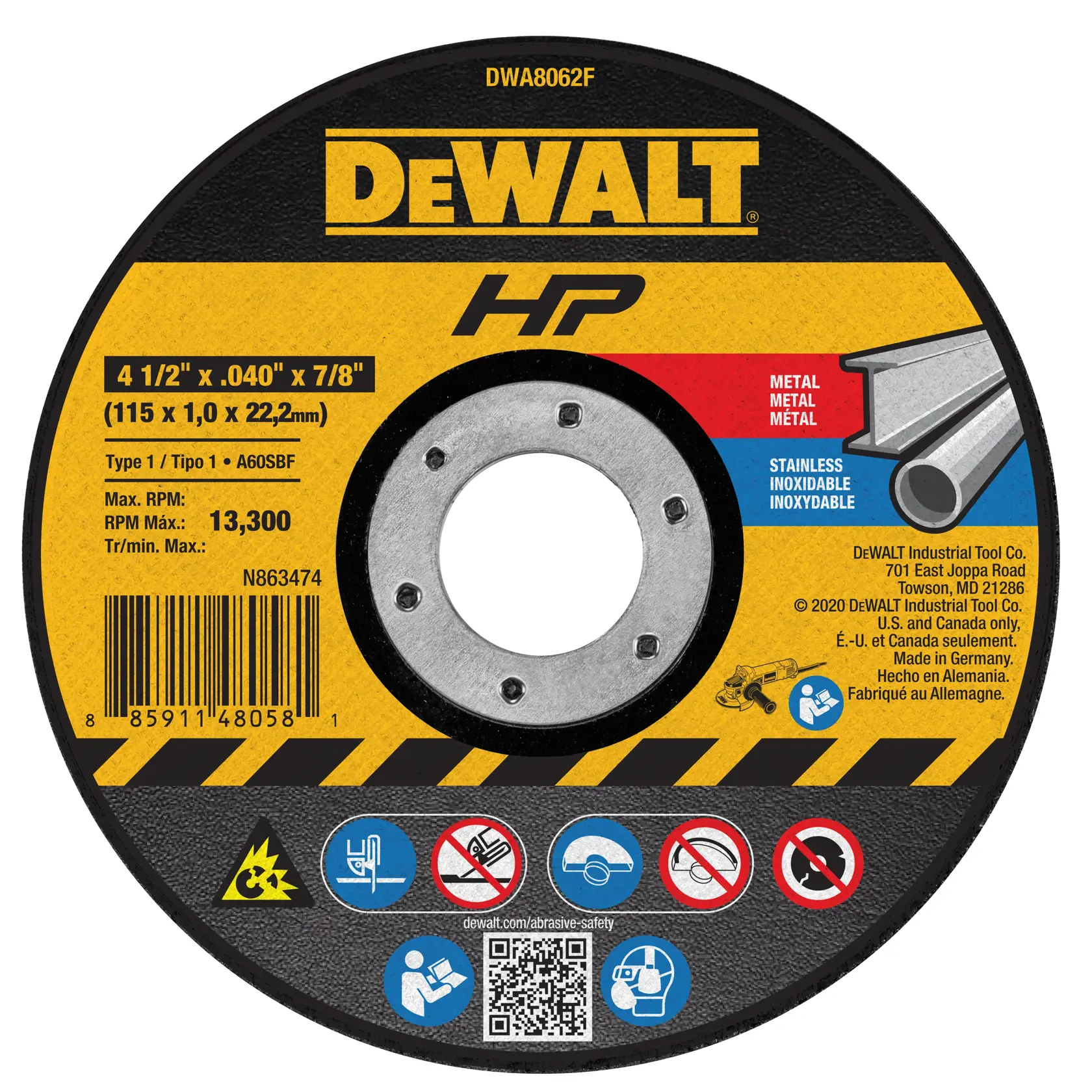 A DEWALT HP abrasive cutting disc, labeled DWA8062F, designed for cutting metal and stainless steel. The disc measures 4 1/2 inches by 0.040 inches by 7/8 inches (115 x 1.0 x 22.2 mm), with a maximum RPM of 13,300. The label includes safety icons, a barcode, a QR code, and product details indicating it is made in Germany.