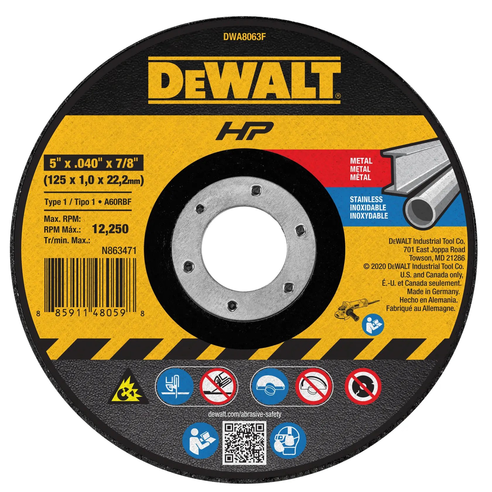 A DEWALT branded abrasive cutting disc, model DWA8063F, for metal and stainless steel. The disc measures 5 inches in diameter, .040 inches thick, and has a 7/8 inch arbor hole (125 x 1.0 x 22.2mm). Maximum speed rating is 12,250 RPM. The disc is mostly yellow with black, red, and blue sections containing product, usage, and safety information. Made in Germany.