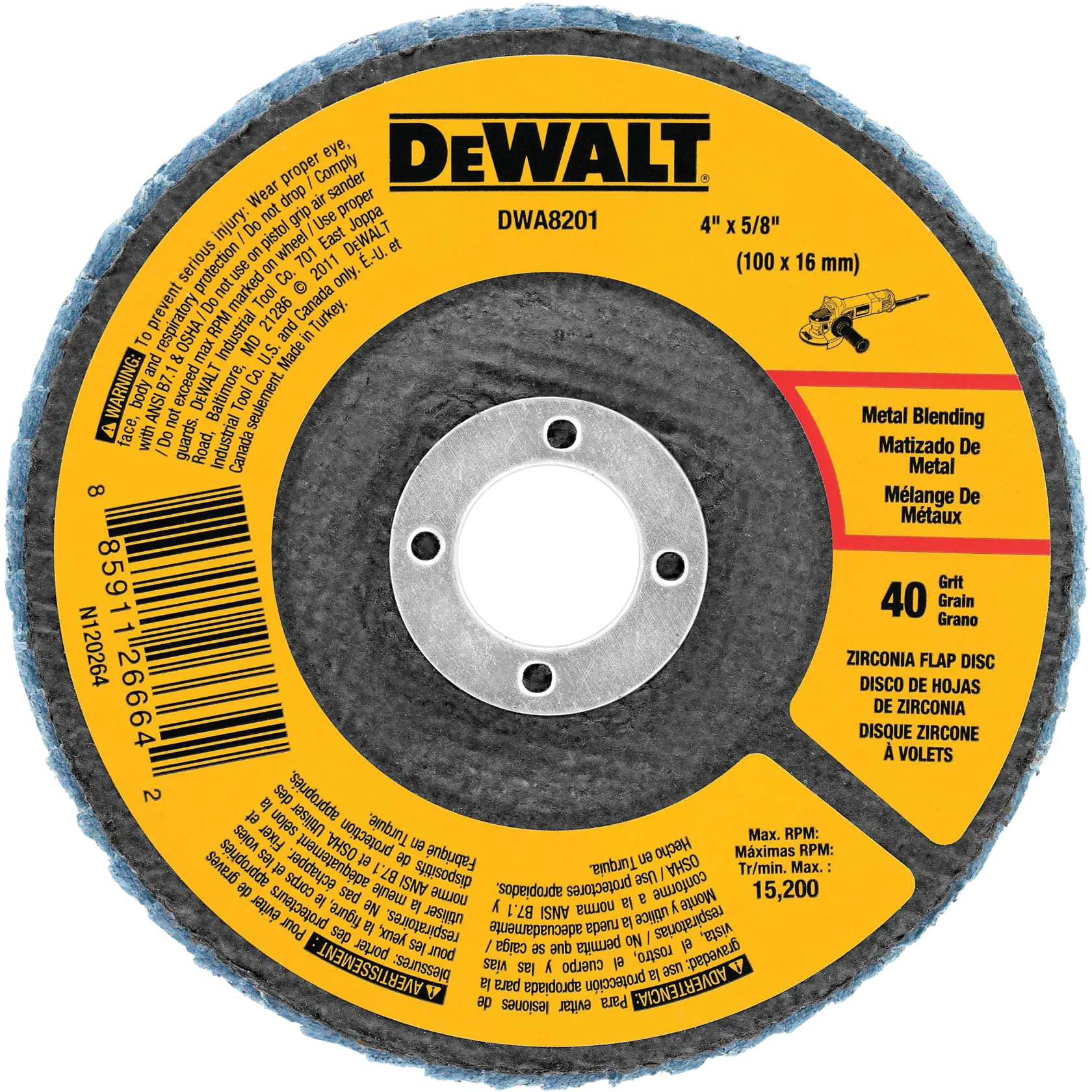 A DEWALT DWA8201 zirconia flap disc for metal blending, featuring a 4 inch diameter and 5/8 inch hole, with 40 grit. The disc has a yellow and black label showing product details, safety warnings, and multilingual descriptions.