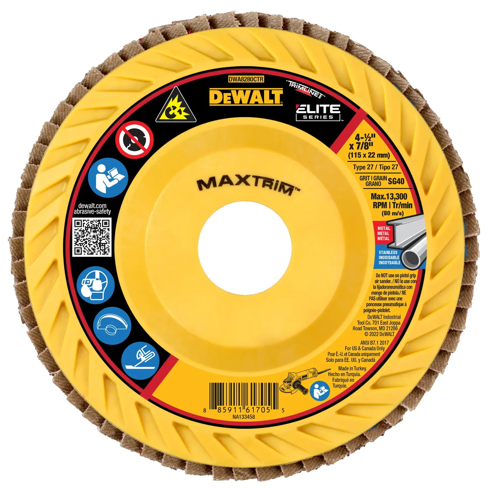 A DeWALT Elite Series MAXTRIM abrasive flap disc for metal and stainless steel, with a yellow backing and labeled DWA8280CTR. The disc is 4-1/2 inches by 7/8 inches (115 x 22 mm), suitable for grinding. It features safety instructions, a QR code, and durability symbols printed on the label.